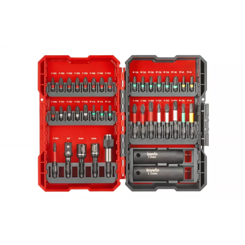 kwb 109010 Bit-Set, 39-teilig, S2-Stahl-Bits, 1/4 Zoll Sechskantschaft, magnetischer Schnellwechselhalter, farbcodiert