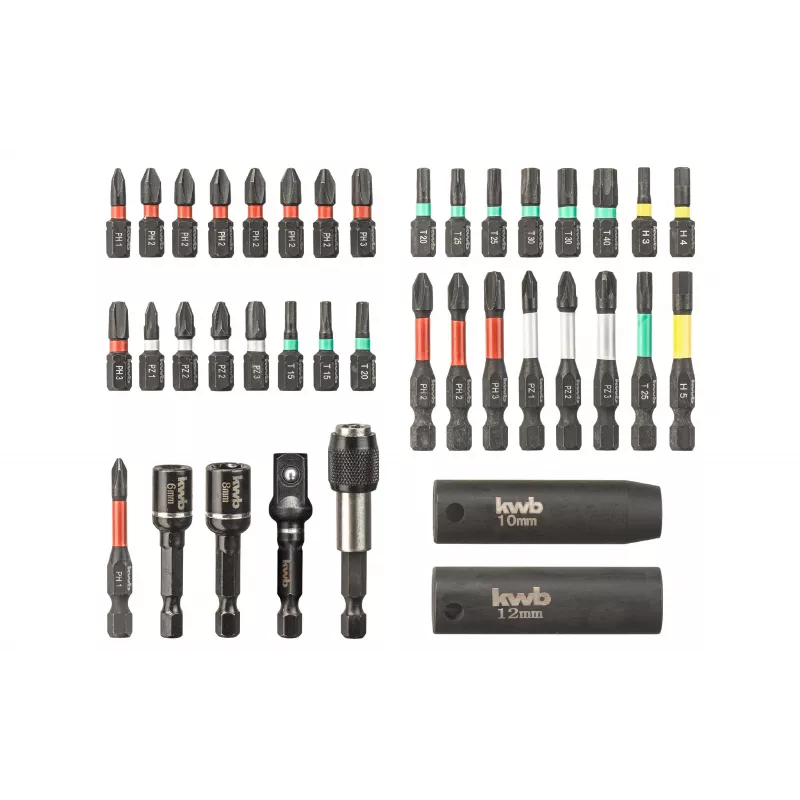 kwb 109010 Bit-Set, 39-teilig, S2-Stahl-Bits, 1/4 Zoll Sechskantschaft, magnetischer Schnellwechselhalter, farbcodiert
