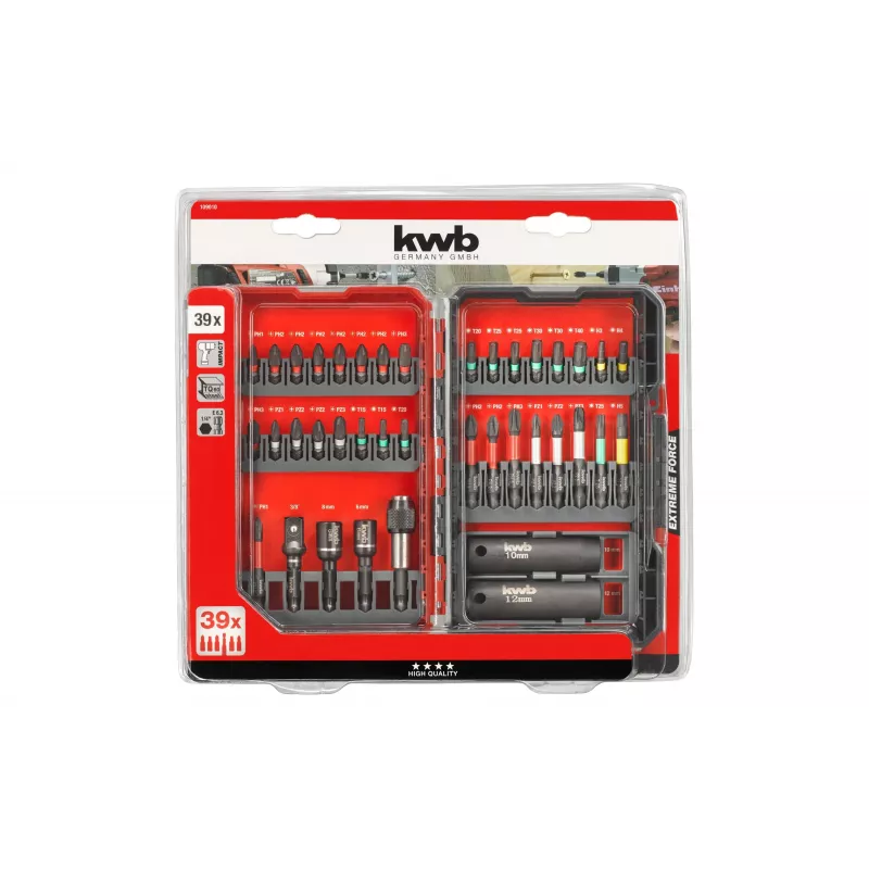 kwb 109010 Bit-Set, 39-teilig, S2-Stahl-Bits, 1/4 Zoll Sechskantschaft, magnetischer Schnellwechselhalter, farbcodiert