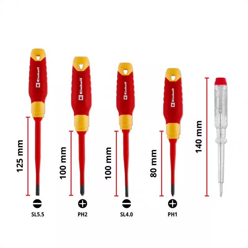 Einhell VDE Elektriker-Schraubendreher-Set, 5-teilig, SL 4,0/5,5, PH 1/2, Spannungsprüfer, 370541