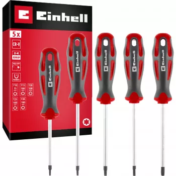 Einhell Universal Torx Schraubendreher-Set T10-T30, 5-teilig, magnetische Spitzen, Chrom-Vanadium-Stahl, ergonomische Bi-Material-Griffe, Werkstatt & Heimwerken 370537