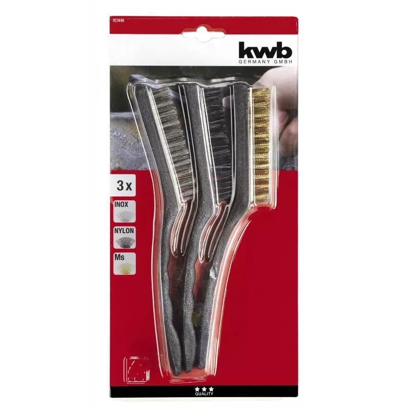 kwb 3-teiliges Drahtbürsten-Set – Stahl-, Messing- und Nylonborsten mit ergonomischen Griffen (923490)