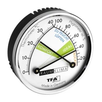 TFA Dostmann 452024 Thermo-Hygrometer, Analog, Weiß/Silber, Wandmontage oder Tischaufsteller, -15 bis +55°C, 0-100% RH