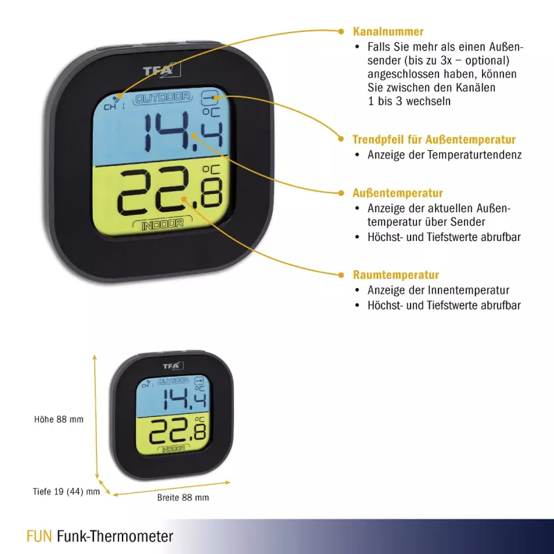 TFA Dostmann Digital Thermo-Hygrometer Quadratisch 1,5V 61x24x61mm Schwarz 30.3068.01