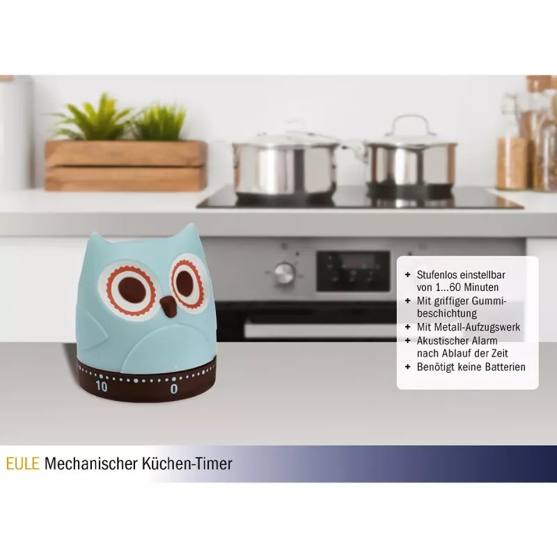 TFA Dostmann Eule Mechanischer Küchentimer, Türkis, 60 Minuten, Analog, Ohne Batterien 38.1039