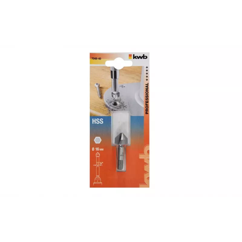 KWB 704840 HSS Kegelsenker 16 mm, 90°, 3 Schneiden, Zylinderschaft
