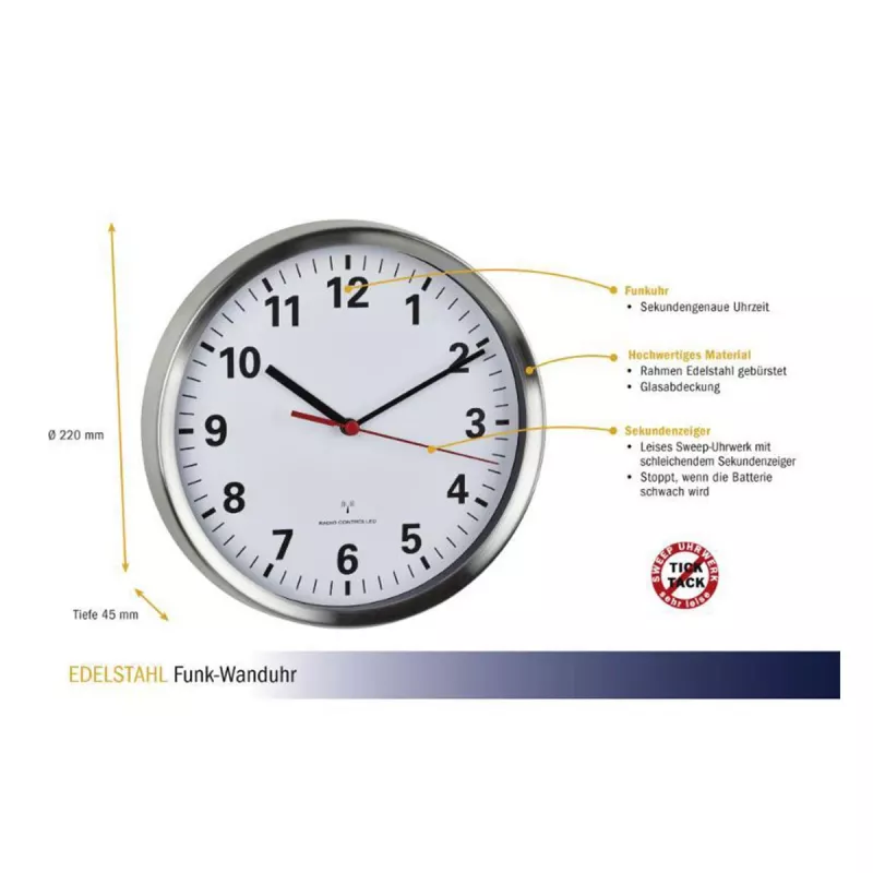 TFA Dostmann 60.3529.02 Funk-Wanduhr 220 mm Aluminium Sekundenzeiger schleichend