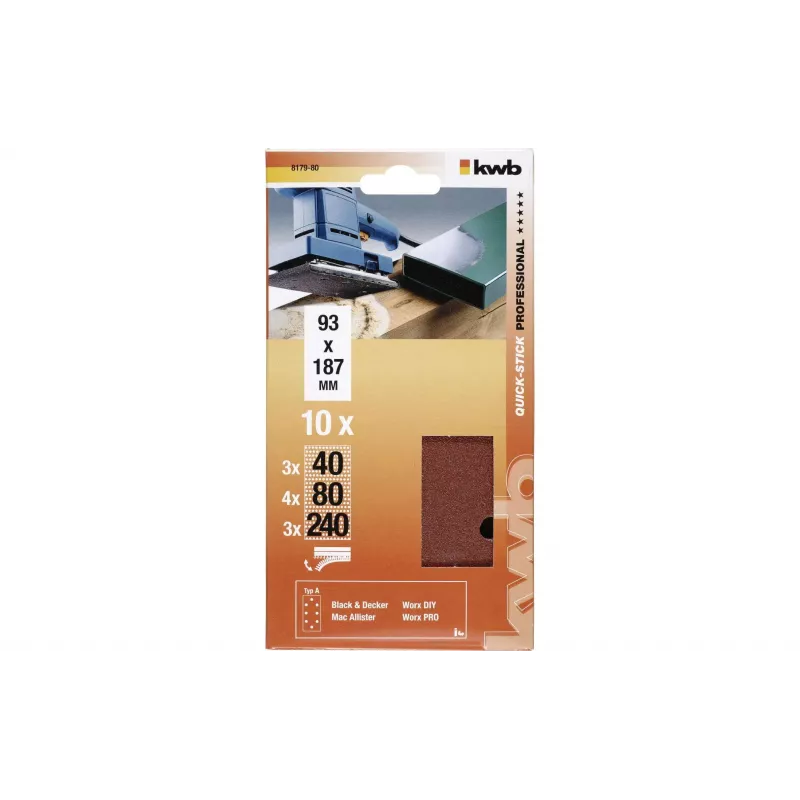 KWB 817980 Schleifpapierblätter, Körnung P40/P80/P240, 186 x 93 mm, 10 Stück