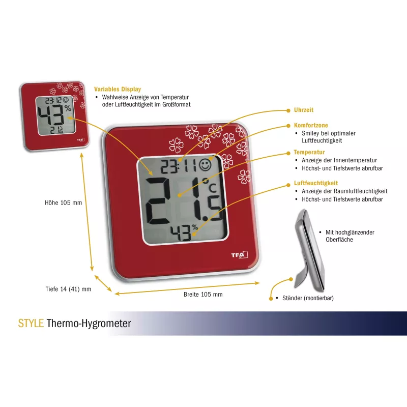 TFA Dostmann Style Innenraum-Elektronik-Hygrometer Rot (30.5021.05)