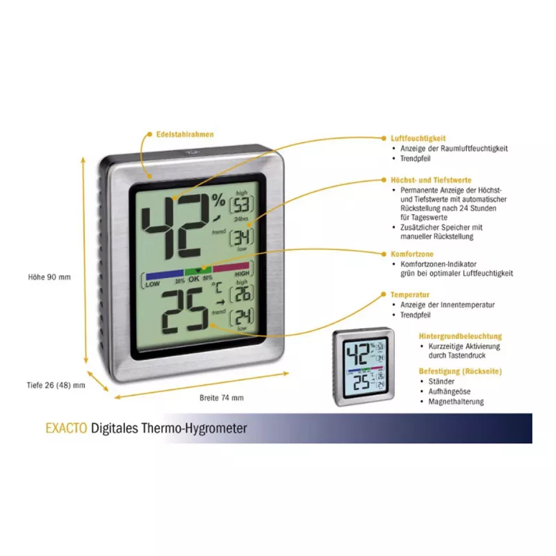 TFA Dostmann EXACTO Digitales Thermo-Hygrometer Silber 30.5047.54.K