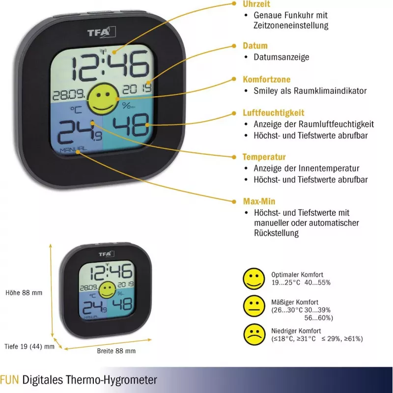 TFA Dostmann FUN Innenraum-Elektronik-Hygrometer Schwarz (30.3242.02)