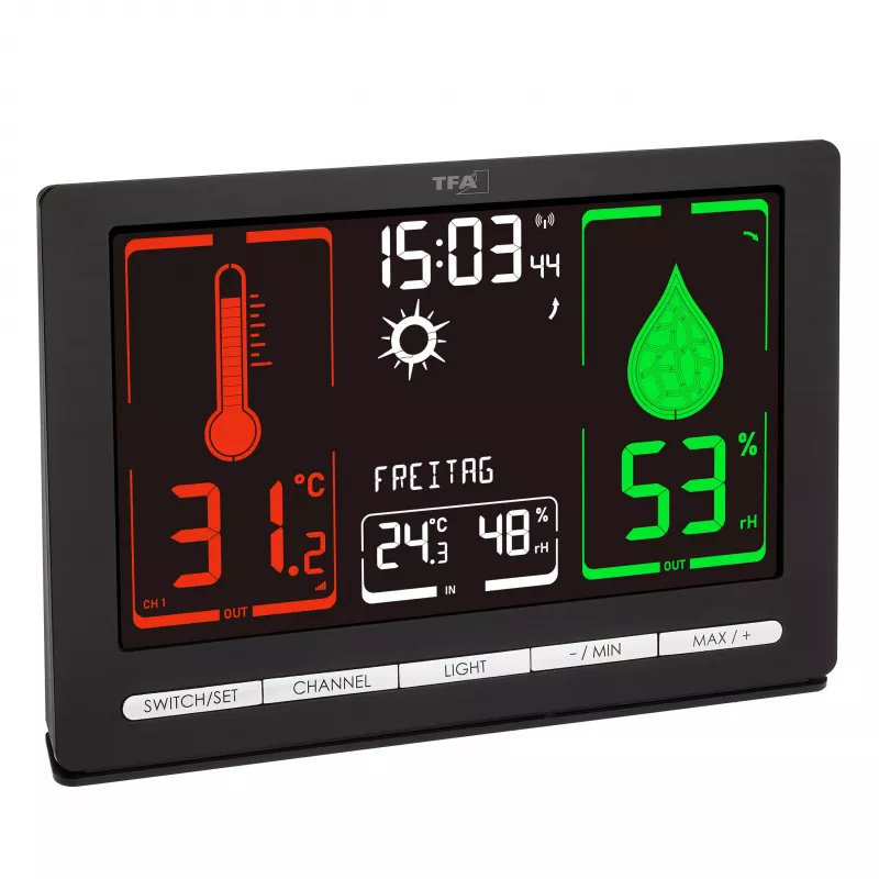 TFA Dostmann METEOCHROME Funk-Wetterstation mit Farbdisplay, 12-24h-Vorhersage, Außensensor, DCF-77-Uhr 35.1132.01