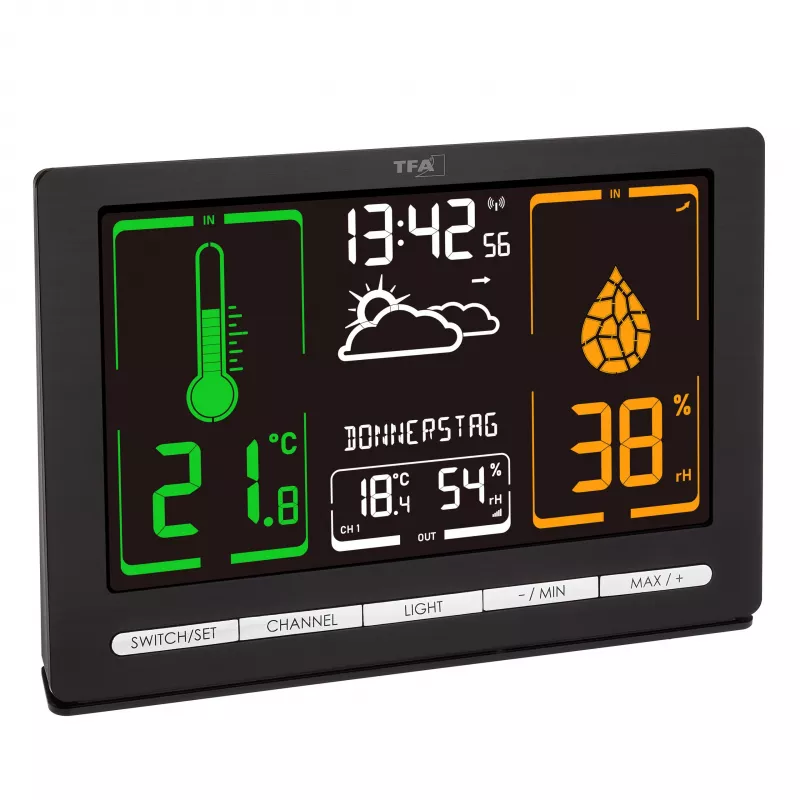 TFA Dostmann METEOCHROME Funk-Wetterstation mit Farbdisplay, 12-24h-Vorhersage, Außensensor, DCF-77-Uhr 35.1132.01