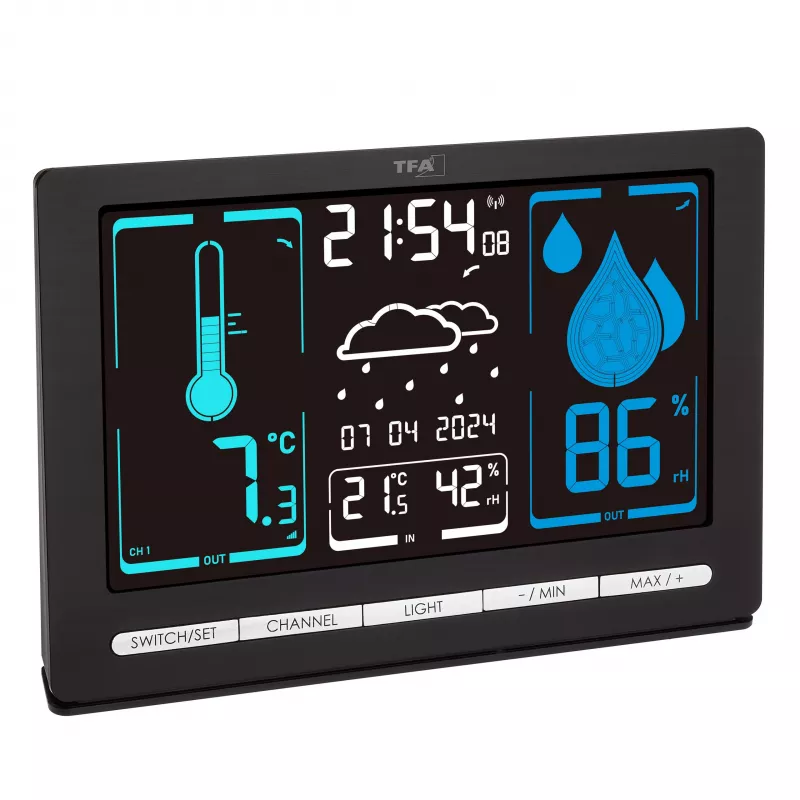 TFA Dostmann METEOCHROME Funk-Wetterstation mit Farbdisplay, 12-24h-Vorhersage, Außensensor, DCF-77-Uhr 35.1132.01