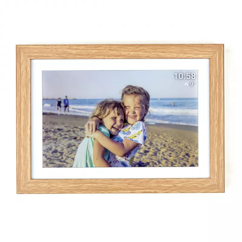 TFA Dostmann FRAMEO App Digitaler WiFi Bilderrahmen 10,1 Zoll 1280x800 IPS Touchscreen 32GB Braunes Holzdesign 37.1002.08