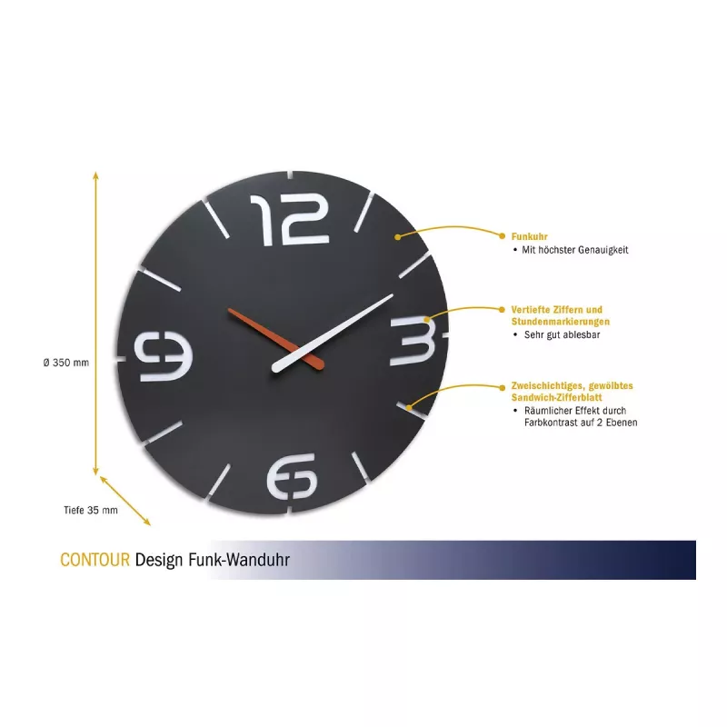 TFA Dostmann Design Funk-Wanduhr Contour, Schwarz/Weiß (60.3536.10)