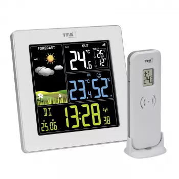 TFA SUN 2 Funk-Wetterstation mit 12-24 Stunden Vorhersage, Innen-/Außentemperatur und Luftfeuchtigkeit, Luftdruck, Mondphase, Sonnenauf-/-untergangszeiten, DCF-77 Funkuhr und 1 Außensensor 35.1174.02