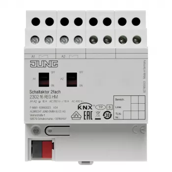 Jung KNX Schaltaktor, 2-kanalig, 16 A, 230 V AC, DIN-Schiene, 2 TE 2302.16REGHM