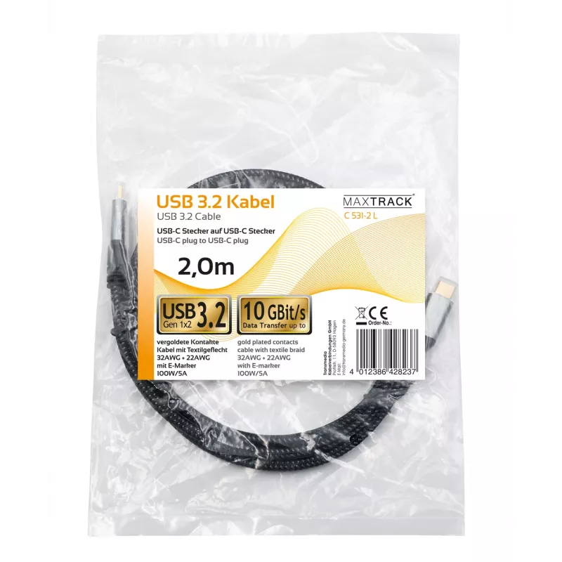 Maxtrack C531-2L USB-C auf USB-C Kabel 3.2 Gen2 10Gbps 100W PD 2m Schwarz