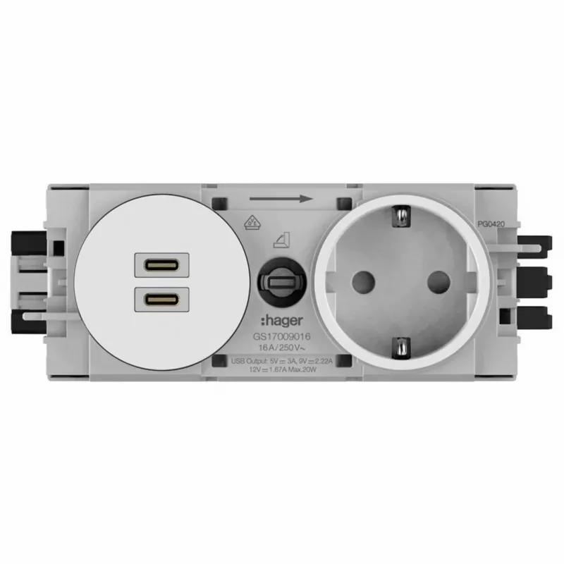 Hager Winsta Unterputz-SCHUKO-Steckdose mit 2x USB-C PD 20W Ladegerät, Reinweiß GS17009016