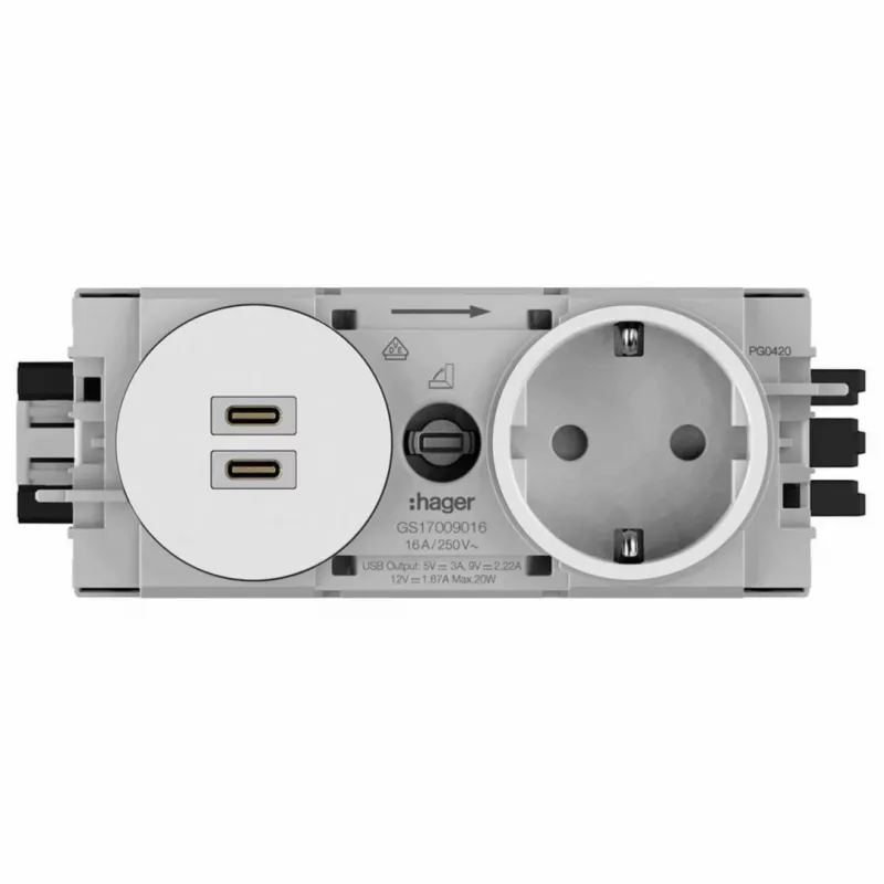 Hager Winsta Unterputz-SCHUKO-Steckdose mit 2x USB-C PD 20W Ladegerät, Reinweiß GS17009016