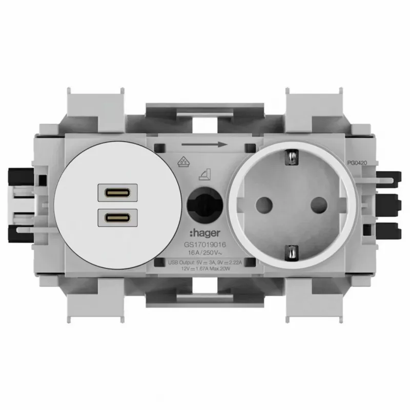 Hager Winsta Schuko Steckdose mit Dual USB-C PD 20W Ladegerät, Polarweiß GS17019016
