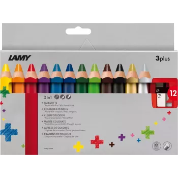 LAMY 3plus Buntstifte 12er-Set, extra dicke 3,3 mm bruchfeste Minen, ergonomische Dreikant-Griffzone, verschiedene Farben 1223548