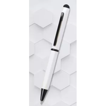 ONLINE SCHREIBGERÄTE Hexagon Stylus Kugelschreiber, weißes Gehäuse, blaue Tinte, kapazitiver Stylus, Drehmechanismus, Aluminium, 1 Stück (21031/3D)