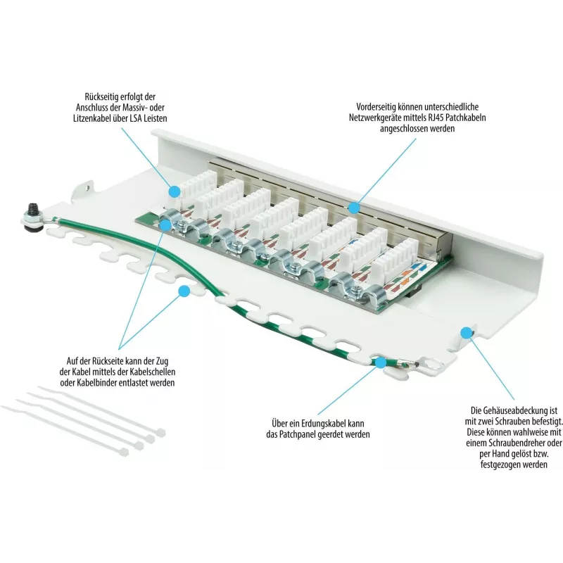 GoodConnections GC-N0113 Desktop Cat.6 8-Port STP Patch Panel, 0,5U, werkzeuglos, Reinweiß RAL9010