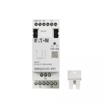 Eaton easyE4 DC 4PE1 RTD-Eingangserweiterungsmodul, 4 Kanäle, Pt100/Pt1000/Ni100/Ni1000, Schraubklemmen, DIN-Schiene, 24 V DC