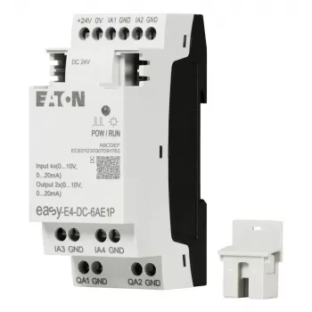 Eaton easyE4 DC 6AE1P SPS-Erweiterungsmodul, 6 Digitaleingänge, 4 Relaisausgänge, 1 Analogeingang, 12/24 V DC, DIN-Schiene 197516