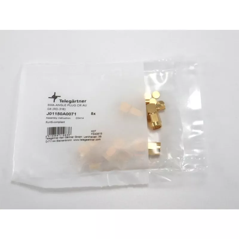 Telegärtner SMA-Winkelstecker Crimp für RG-316, Gold, 5er-Pack (J01150A0071)