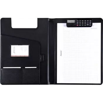 JÜSCHA Alassio Schreibmappe BRESCIA, A4, Kunstleder, Schwarz, Klemmmechanismus mit integriertem Taschenrechner 31500