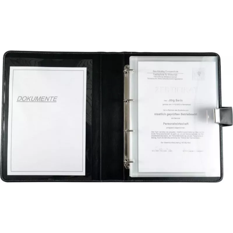JÜSCHA Alassio A4 Dokumentenmappe mit Ringmechanik, Kunstleder, Schwarz, 5 Dokumentenhüllen 31514