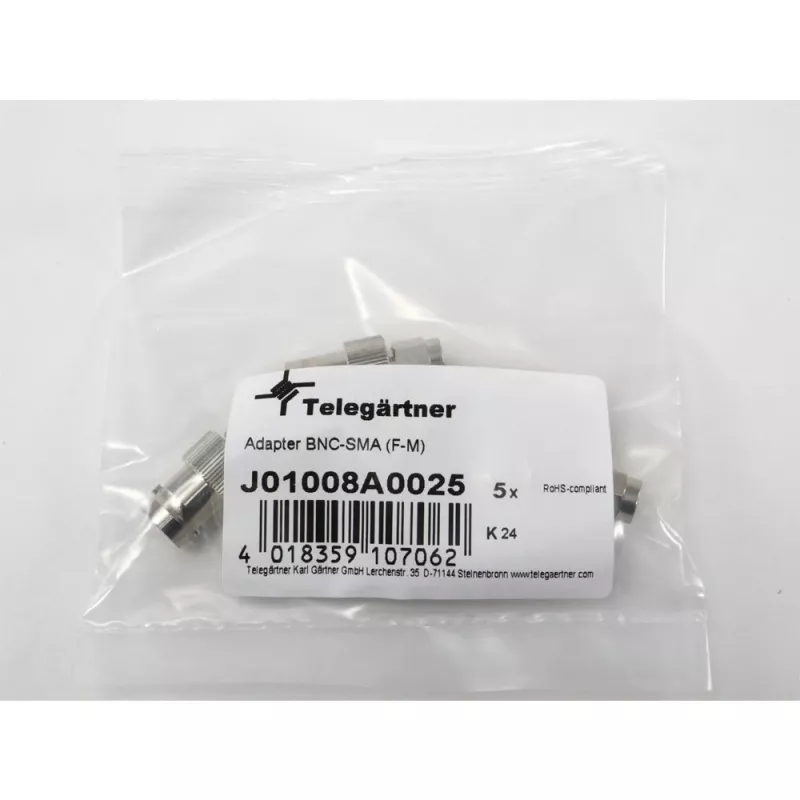 Telegärtner BNC-Buchse auf SMA-Stecker HF-Koaxialadapter, 50 Ohm, DC-4 GHz, vernickeltes Messing, J01008A0025