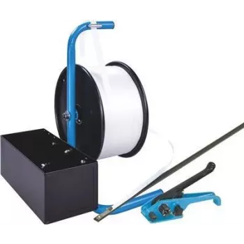 Banholzer & Wenz Polyester-Umreifungsset, mobiler Spender, 19 mm x 600 m, mit 1000 Drahtverschlüssen 17066