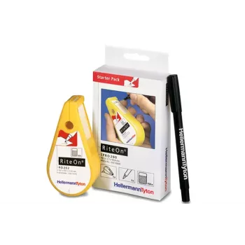 HellermannTyton RiteOn Starterpaket mit vorbefüllten Spendern, 600 selbstlaminierende Etiketten, Weiß, 19 x 38 mm, inklusive rotem Marker 550-14010
