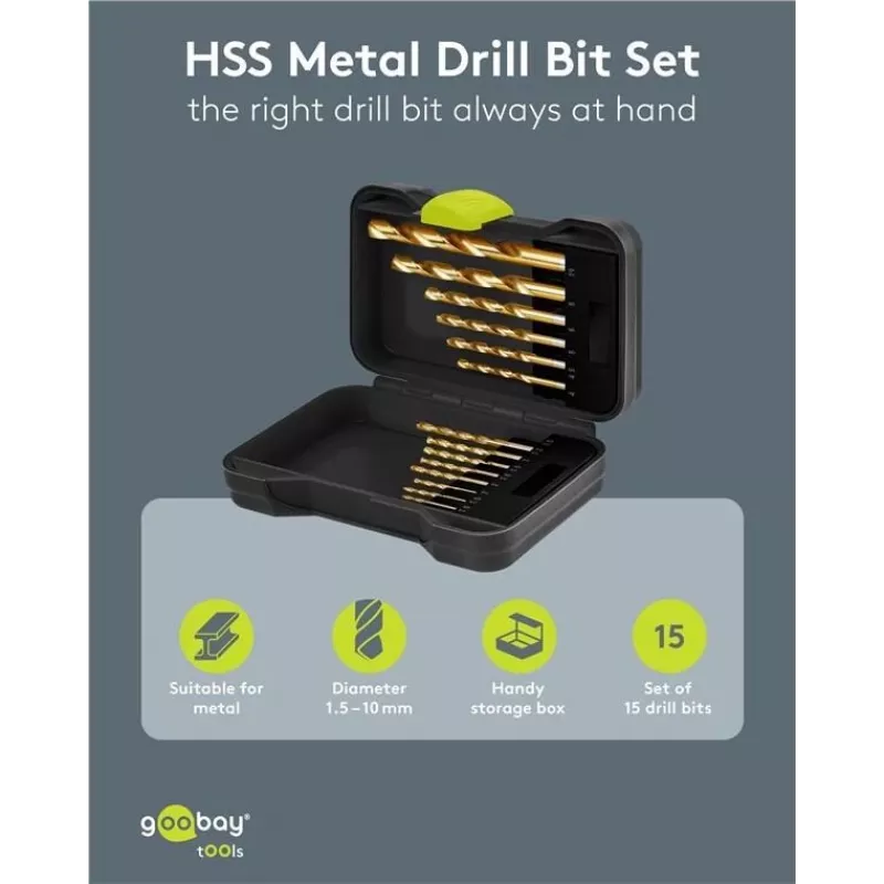 Goobay 77850 HSS Metallbohrer-Set, 15-teilig, 1,5-10 mm, DIN 338, in Aufbewahrungsbox