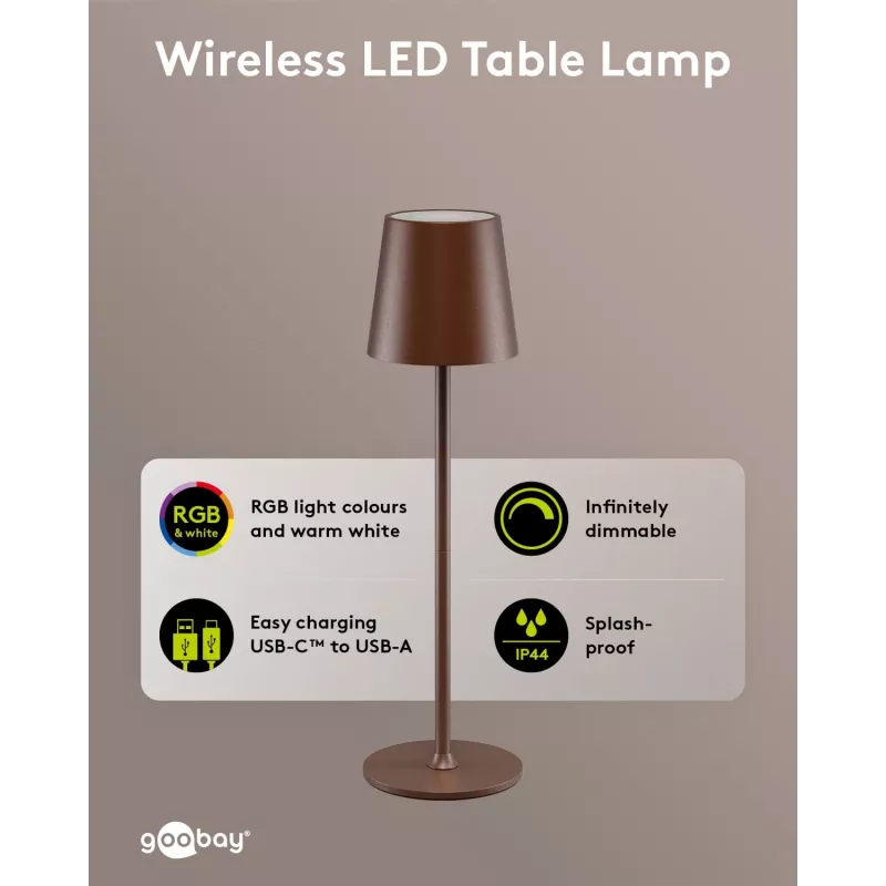 Wentronic Goobay kabellose LED-Tischlampe, Größe M, 38 cm, RGBW, kupferfarben (76570)