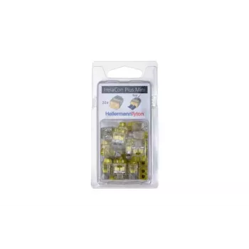HellermannTyton HelaCon Plus Mini HCPM-2 Push-In Verbinder, 2-polig, 0,5-2,5mm², transparent/gelb, 20er-Pack 148-90054