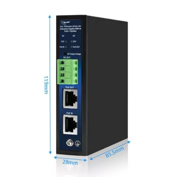 ALLNET Industrial PoE Splitter/Extractor IEEE 802.3bt Type 4, 90W, 5V/9V/12V/24V wählbarer Ausgang, Gigabit Ethernet, DIN-Schienen-/Wandmontage (ALL-PSI104G-BT90-PD)