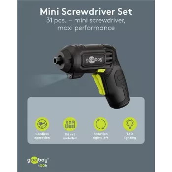 Goobay Mini Akku-Schraubendreher-Set 31-teilig Pistolengriff mit 28 Bits und Micro-USB-Ladefunktion (77818)