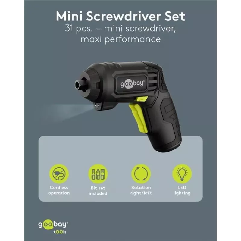 Goobay Mini Akku-Schraubendreher-Set 31-teilig Pistolengriff mit 28 Bits und Micro-USB-Ladefunktion (77818)