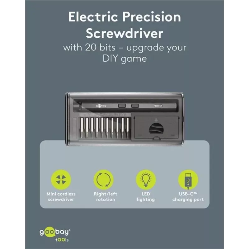 Goobay 77838 Elektrischer Präzisionsschraubendreher mit Akku, 20 Teile, LED