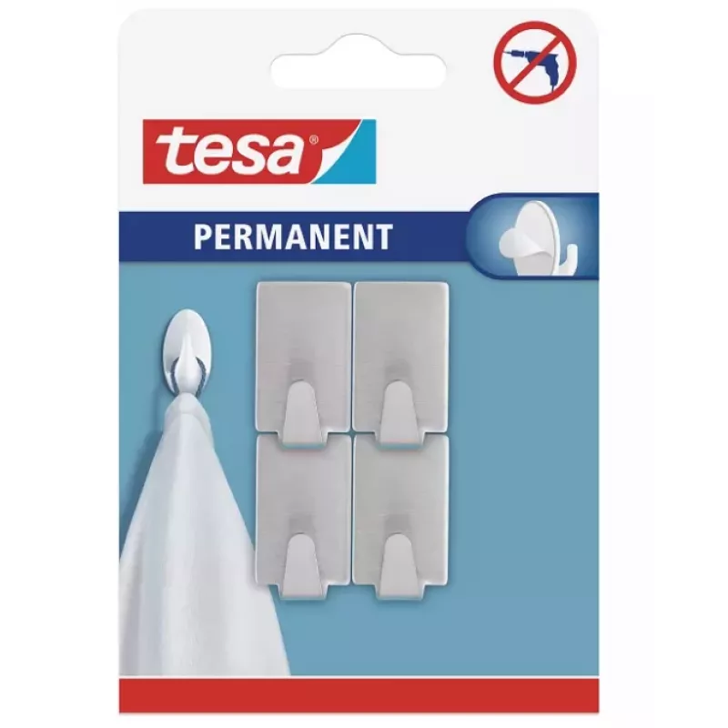 tesa Permanent Haken Rechteckig S Metall, Chrom, Selbstklebend, 1,5 kg, 1 Stück 66612-00000-00
