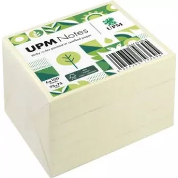 UPM Notes Haftnotizen 5654-01PG-6, 75 x 75 mm, Gelb, 100 Blatt pro Block, 6 Blöcke