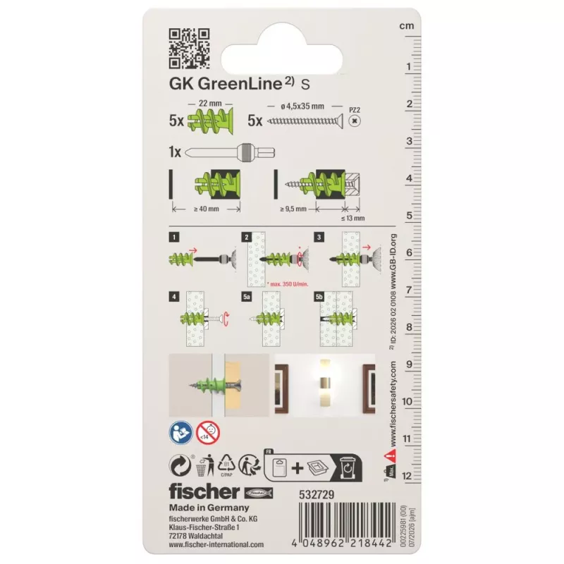 Fischer 532729 GK Green S K NV Gipskartondübel-Set 22 mm (10 Stück)