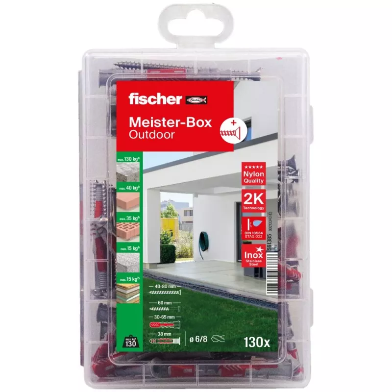 FISCHER Praktischer Helfer Dübel- und Schraubensortiment für Außen- und Feuchträume 130 Teile 561385