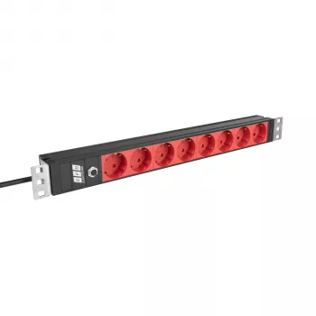 EFB Elektronik EK631CD.1V2 19 inch 1U Rackmount-PDU, 8 x CEE 7/3 rote Ausgänge, IEC C14-Eingang, 10 A Überlastschutz, Schwarz
