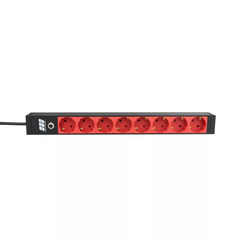 EFB Elektronik EK631CD.1V2 19 inch 1U Rackmount-PDU, 8 x CEE 7/3 rote Ausgänge, IEC C14-Eingang, 10 A Überlastschutz, Schwarz
